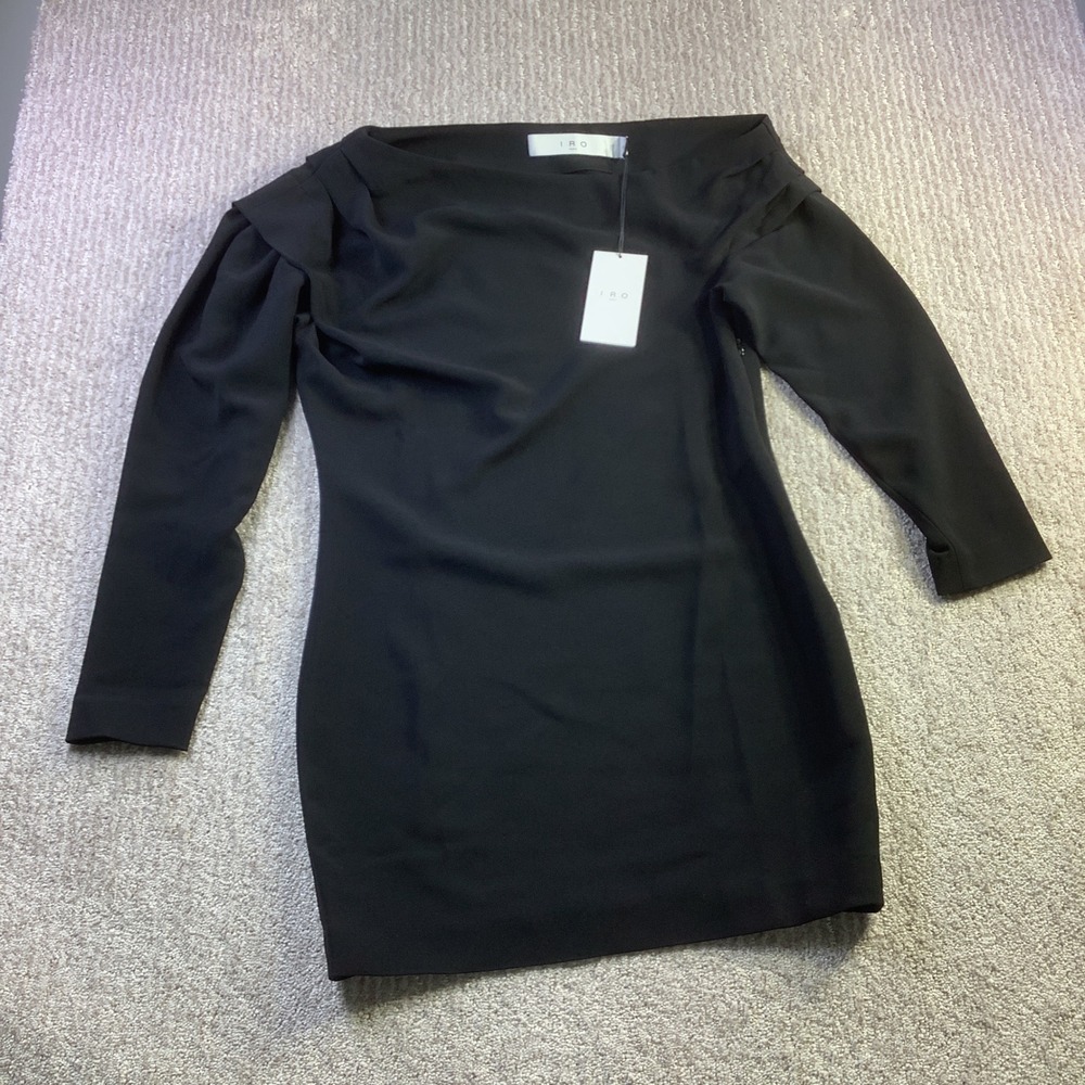 IRO Parisโ Neyo Black Asymmetric Off The Shoulder Mini Dress Size 38 NWT
